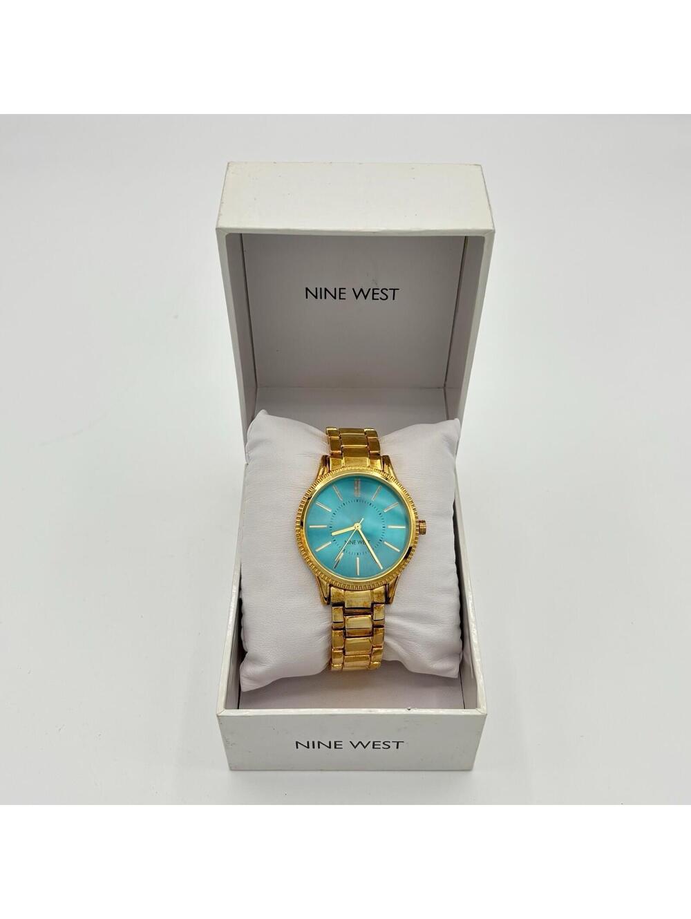 Nine West Gold-Tone Turquoise Sunburst Dial Minimalist Chic Ladies Watch w/ Box